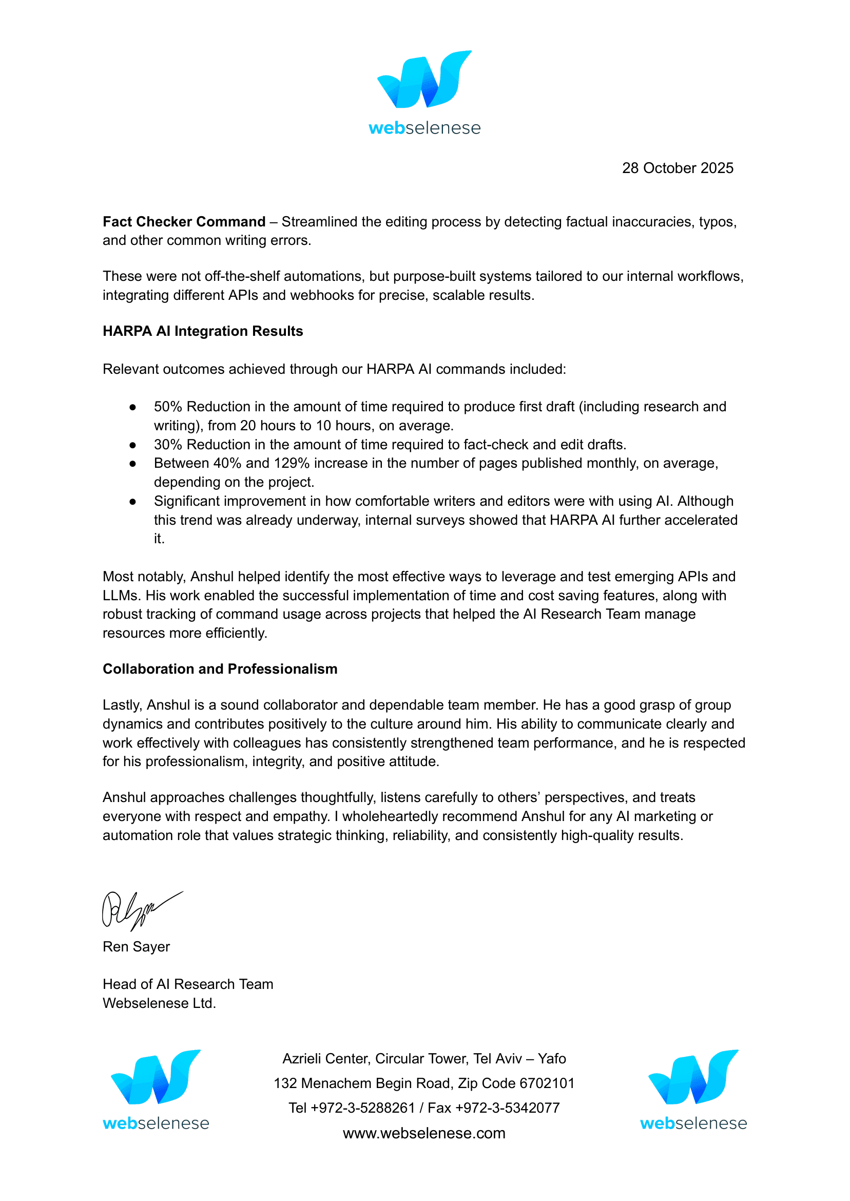 Recommendation letter preview — Ren Sayer, Head of AI Research, Webselenese